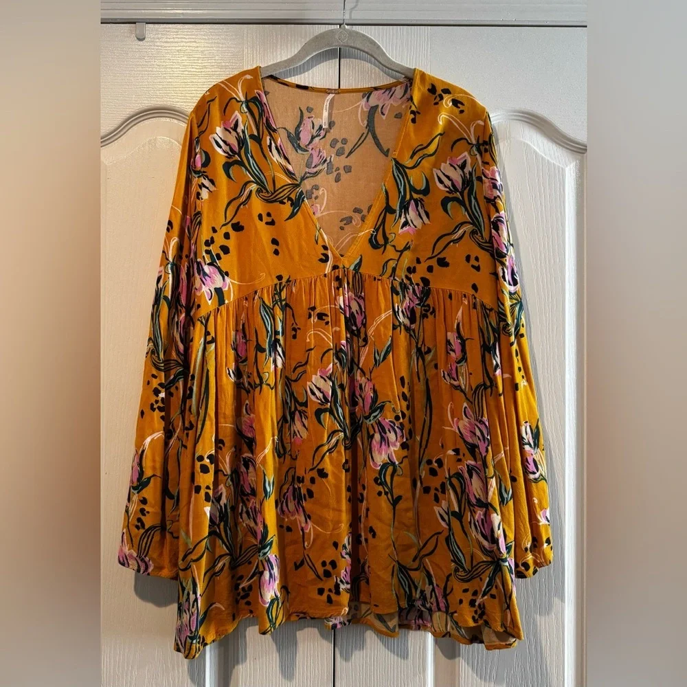 Free People Floral Bella Golden Yellow Floral Tunic Blouse - Size S